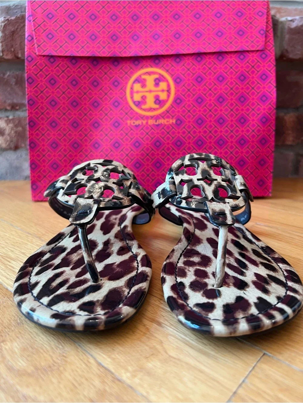 Tory Burch Tan & Black Natural Leopard Printed Patent Leather Miller Sandals